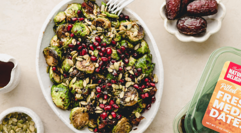 Maple and Date Balsamic Brussels with Pomegranate Seeds