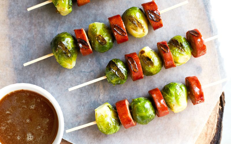 Grilled Brussels Sprouts & Smokey Sausage Appetizer Kabobs