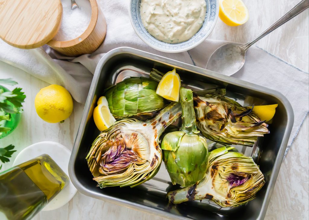 GRILLED ARTICHOKES WITH LEMON HERB TAHINI DIPPING SAUCE