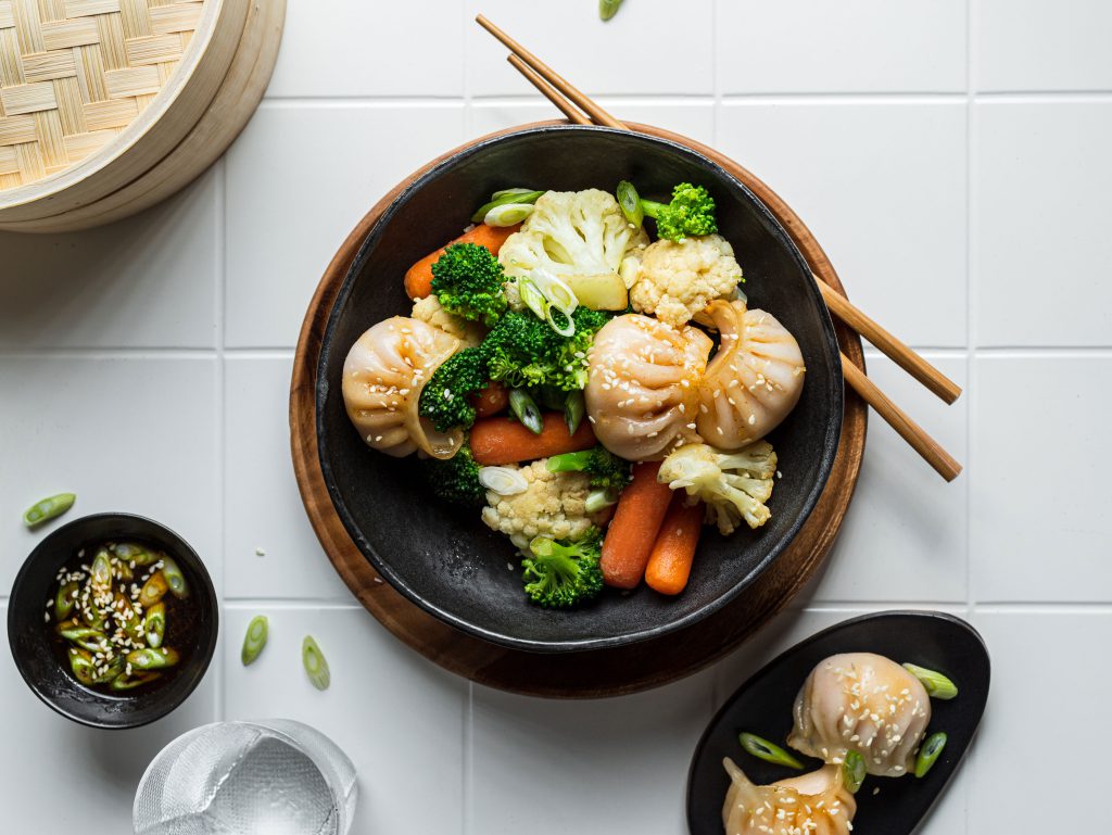 Broccoli, Cauliflower & Carrot Medley with Soy Sesame Dumplings