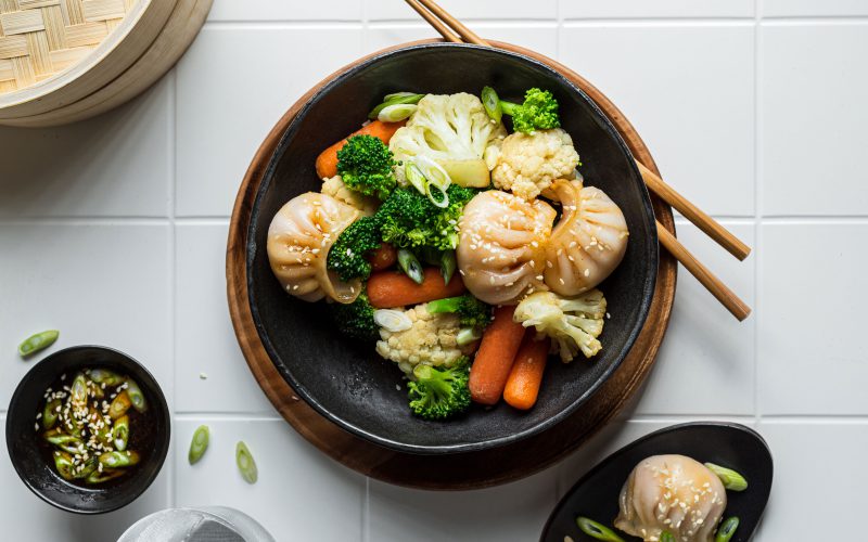 Broccoli, Cauliflower, & Carrot Medley with Soy Sesame Dumplings