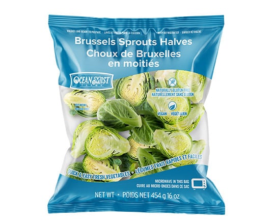 Retail ready brussels sprouts halves bag