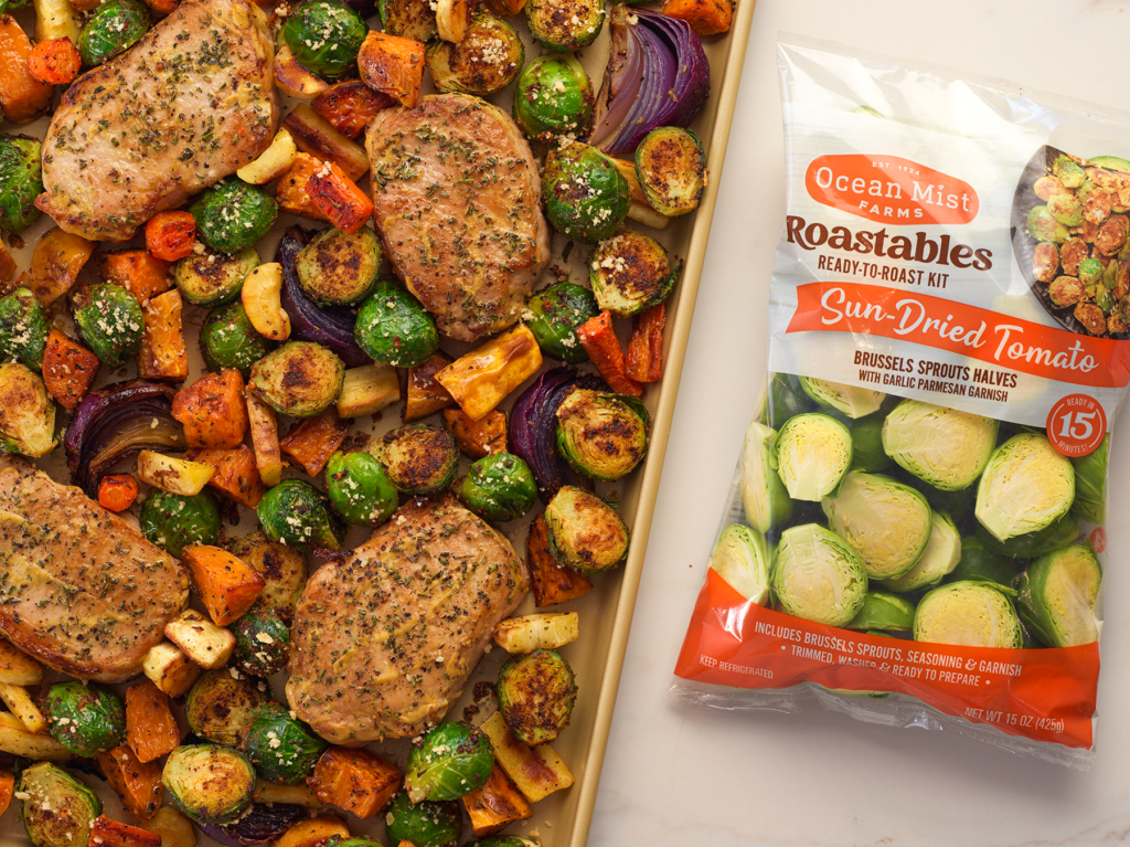 Sheet Tray Dinner | Sun-Dried Tomato Brussels Sprouts with Rosemary Dijon Pork Chops & Root Vegetabl