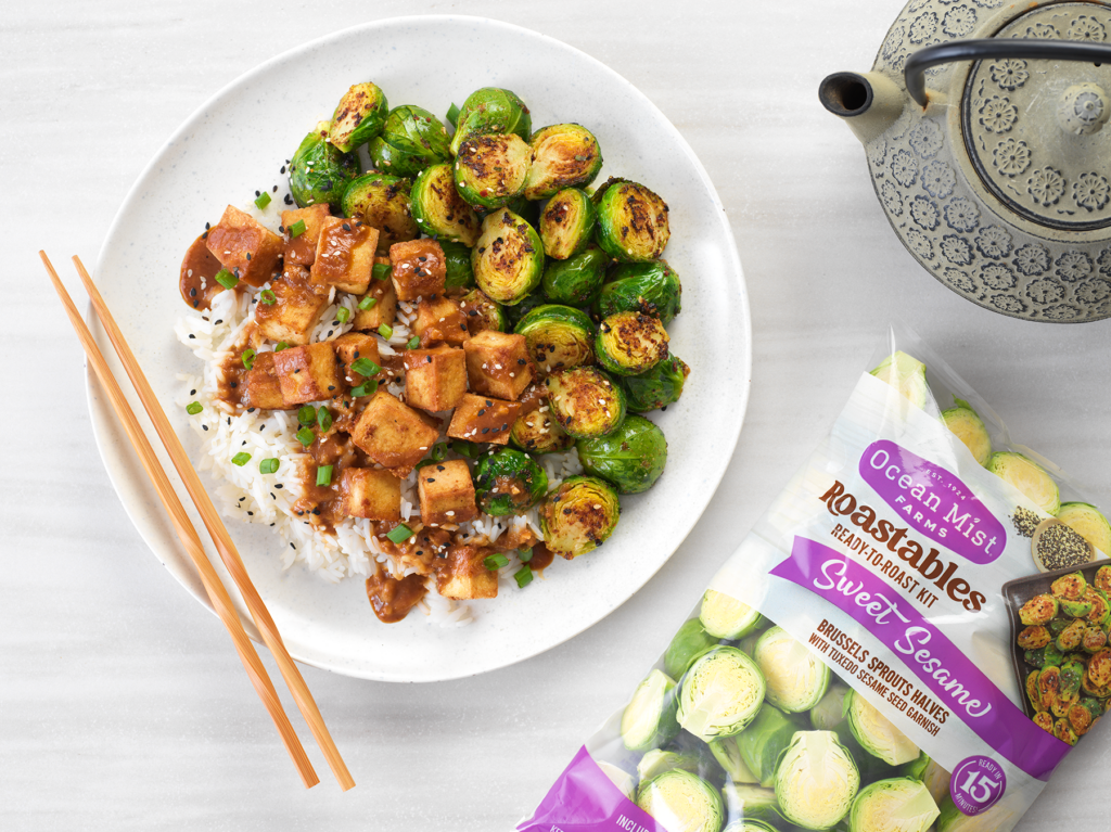 Sweet Sesame Brussels Sprouts with Crispy Tofu