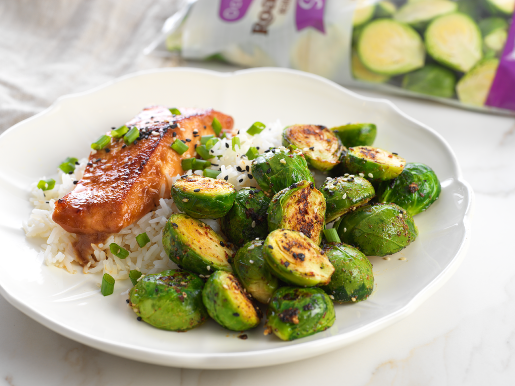 Sweet Sesame Brussels Sprouts with Miso Glazed Salmon