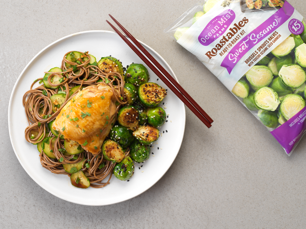 Sweet Sesame Brussels Sprouts with Roasted Chicken and Cold Soba Noodles