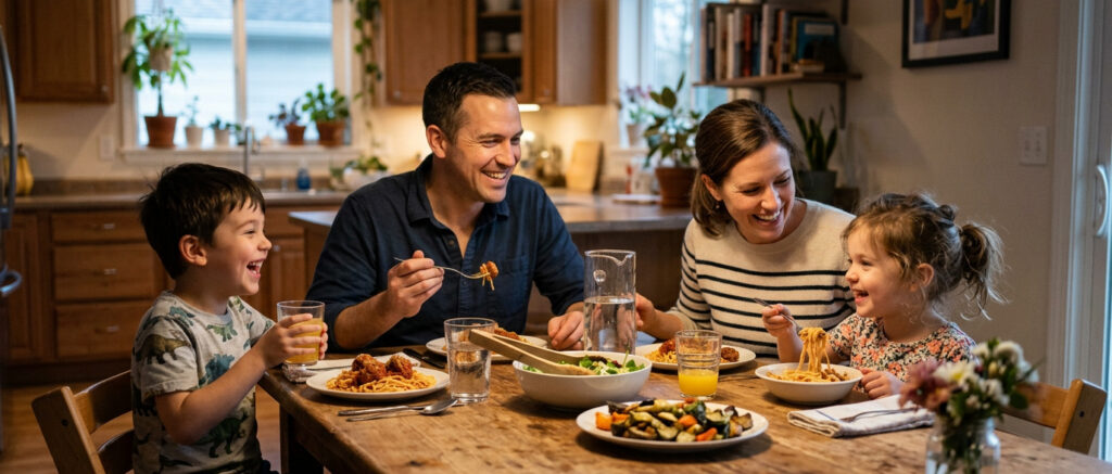 Small family enjoying dinner